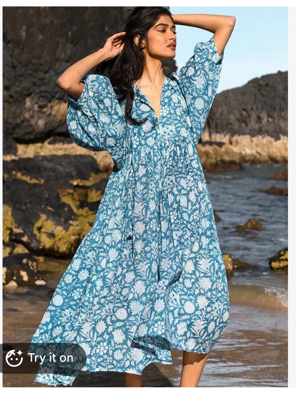 Vintage Floral Print Midi Dress - Blue